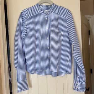 Veronica Beard designer blue and white striped cropped long sleeve blouse.